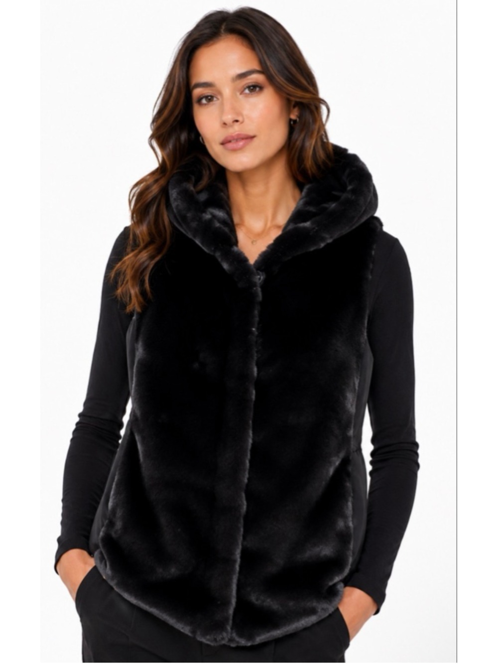 Theory Black Faux Fur Hooded Vest M